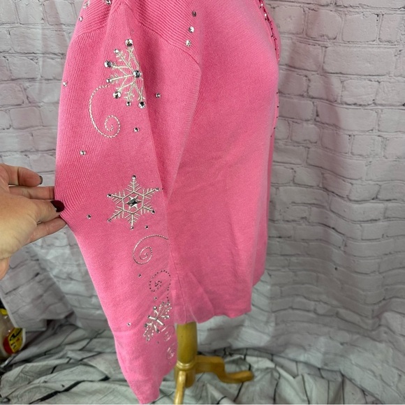 quacker factory pink zip sweater cardigan embroidered embellished sz Med sequins - Picture 2 of 9